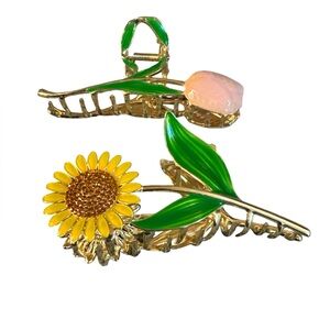 Floral Hair Clips with Sunflower and Rose Design Colorful Enamel & Rhinestones